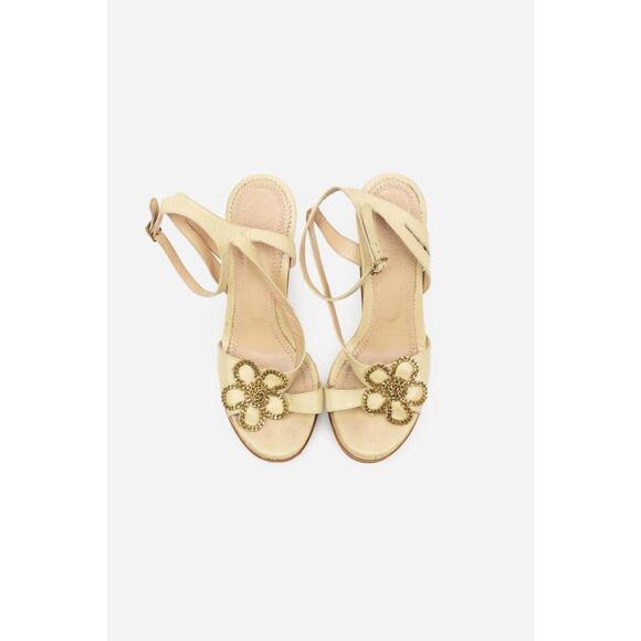 Chloe Nude Leather Cork Wedge Sandals with Chain Embellished Floral Detail - Picture 4 of 5